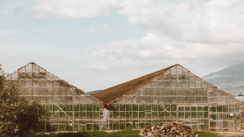 Petite serre de jardin en verre et aluminium dans un potager